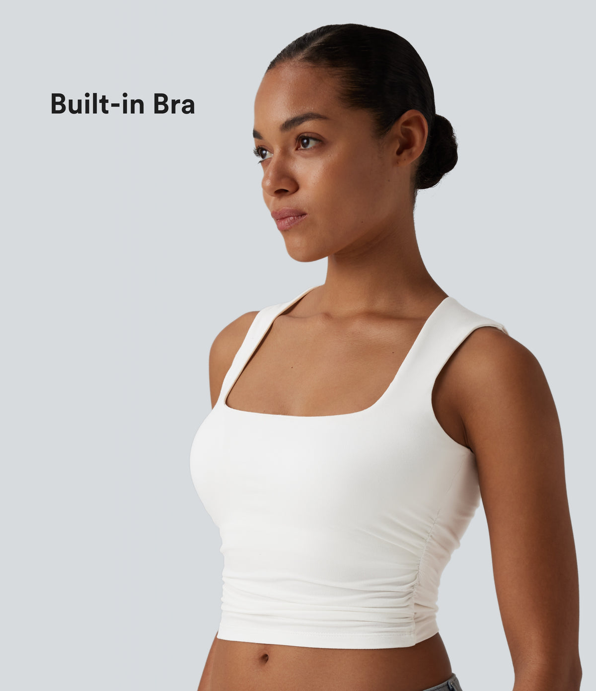 Square Neck Ruched Cropped Casual Tank Top — White — view 1
