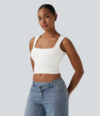 Square Neck Ruched Cropped Casual Tank Top — White — view 4