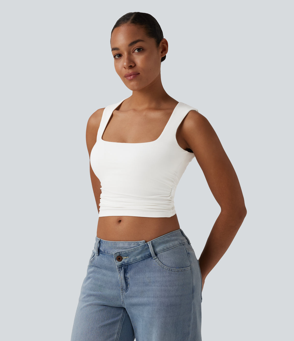 Square Neck Ruched Cropped Casual Tank Top — White — view 4
