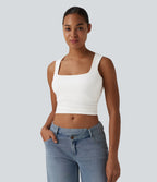 Square Neck Ruched Cropped Casual Tank Top — White — view 3