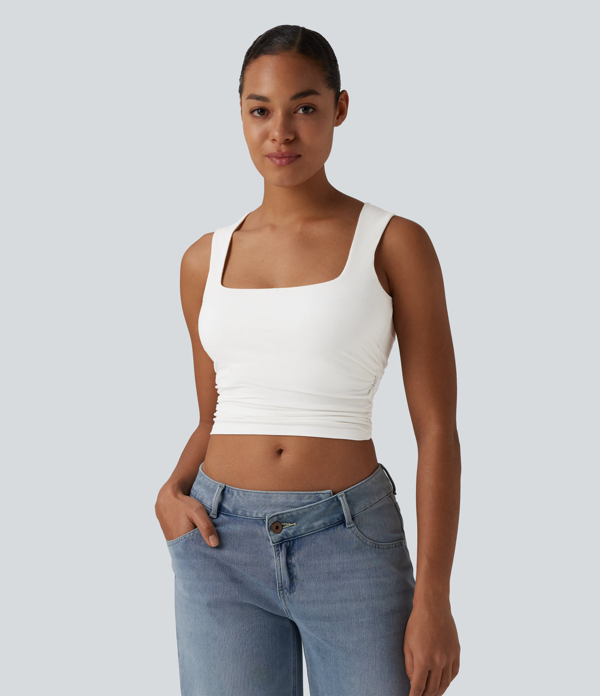 Square Neck Ruched Cropped Casual Tank Top — White — view 3