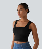 Square Neck Ruched Cropped Casual Tank Top — Black — view 6