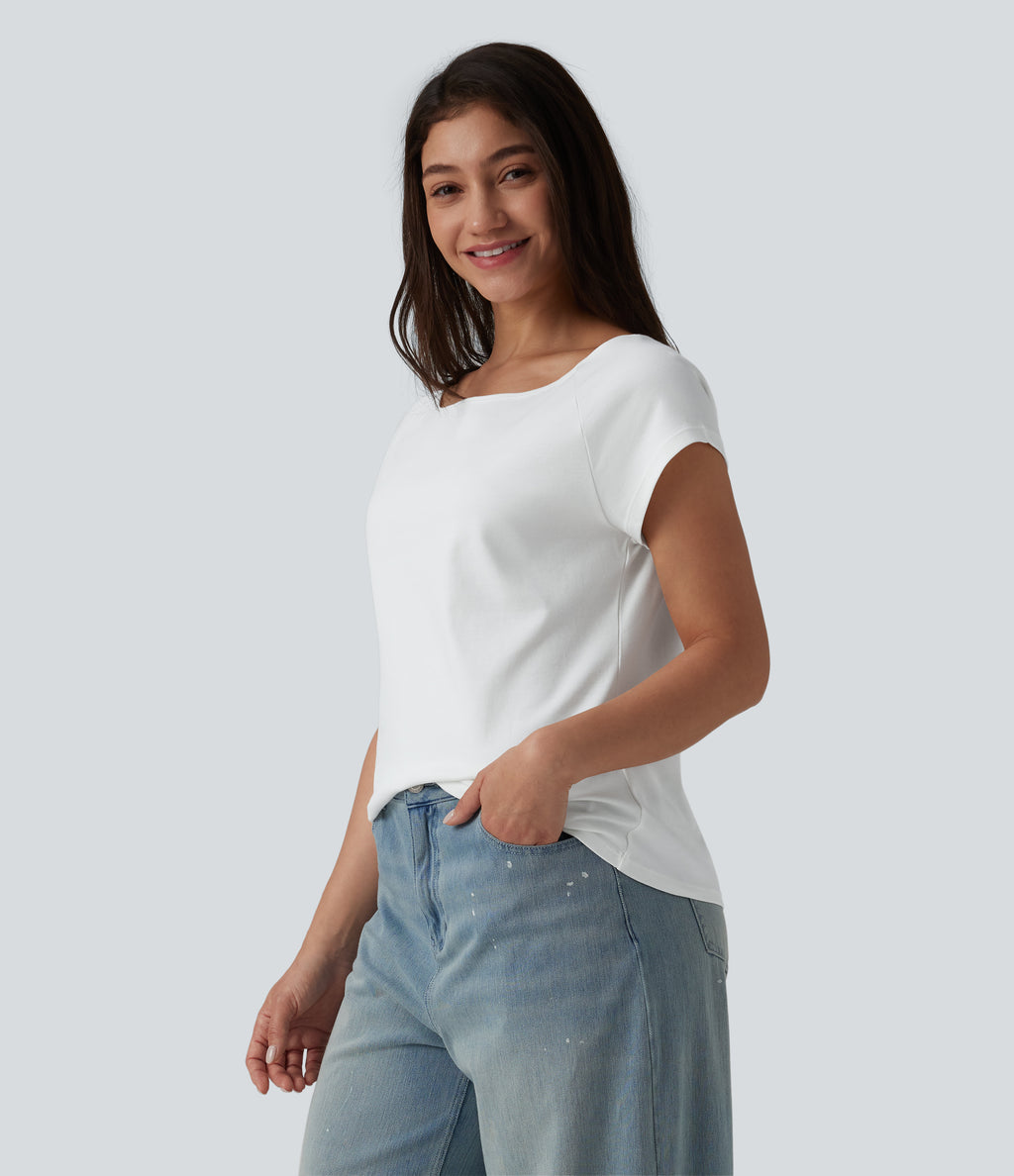 Boat Neck Short Sleeve Casual Pima Cotton T-Shirt — White — view 3