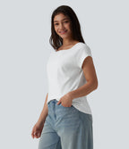 Boat Neck Short Sleeve Casual Pima Cotton T-Shirt — White — view 3