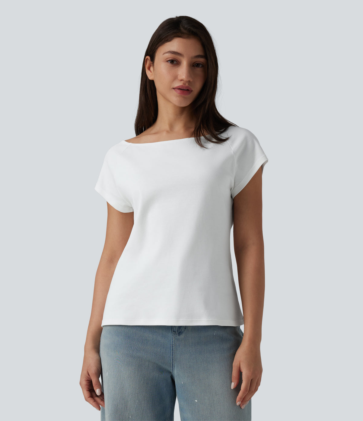 Boat Neck Short Sleeve Casual Pima Cotton T-Shirt — White — view 5