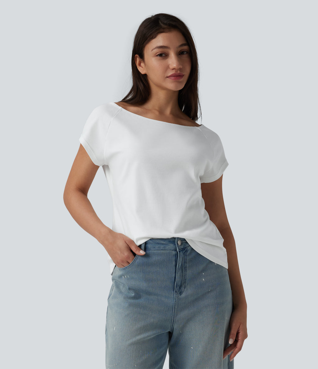 Boat Neck Short Sleeve Casual Pima Cotton T-Shirt — White — view 4
