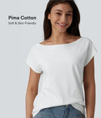 Boat Neck Short Sleeve Casual Pima Cotton T-Shirt — White — view 1
