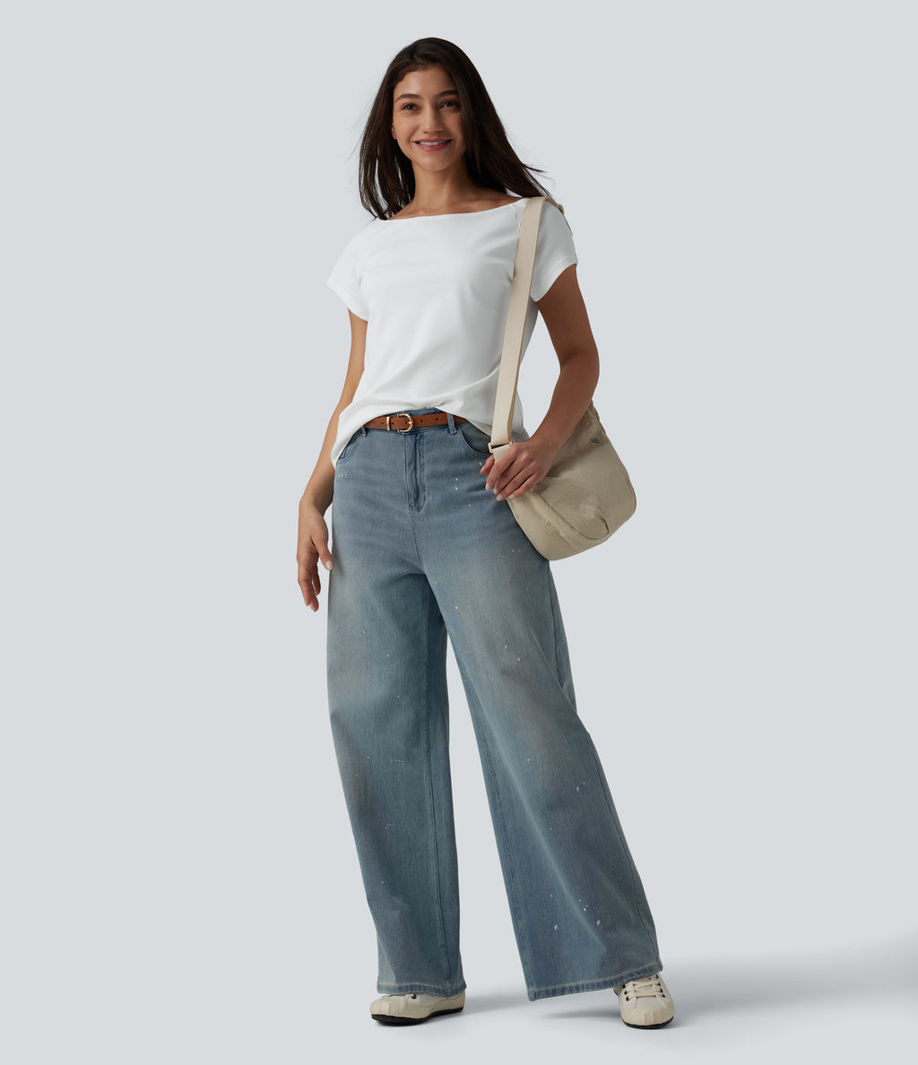 Boat Neck Short Sleeve Casual Pima Cotton T-Shirt — White — view 6