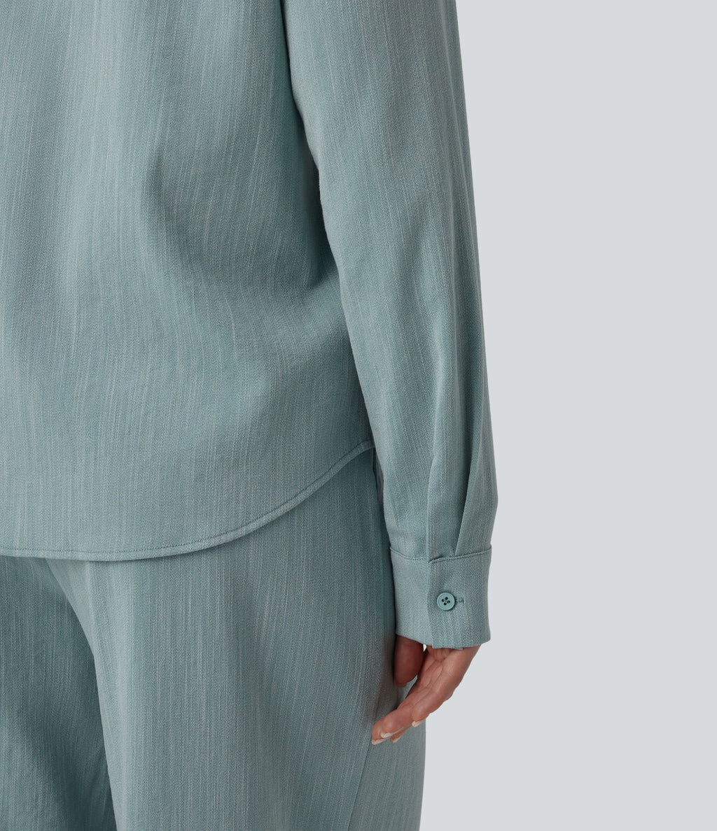 Long Sleeve Linen-Feel Shirt with Pocket — Silverwood Sage — view 5