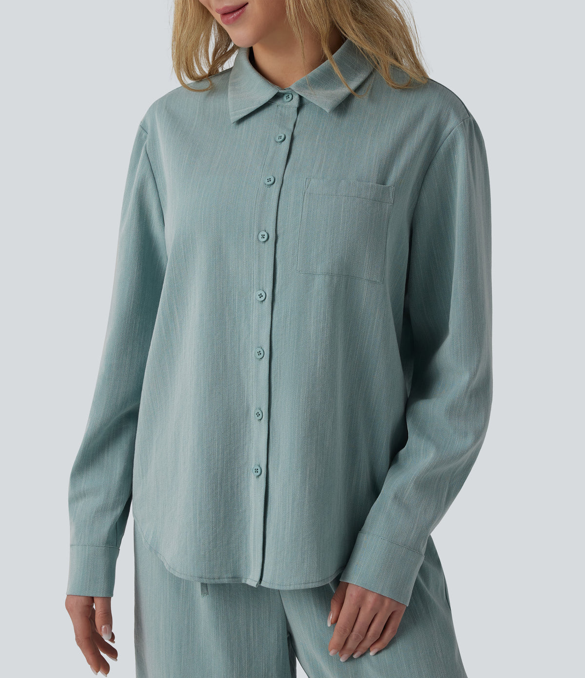 Long Sleeve Linen-Feel Shirt with Pocket — Silverwood Sage — view 4