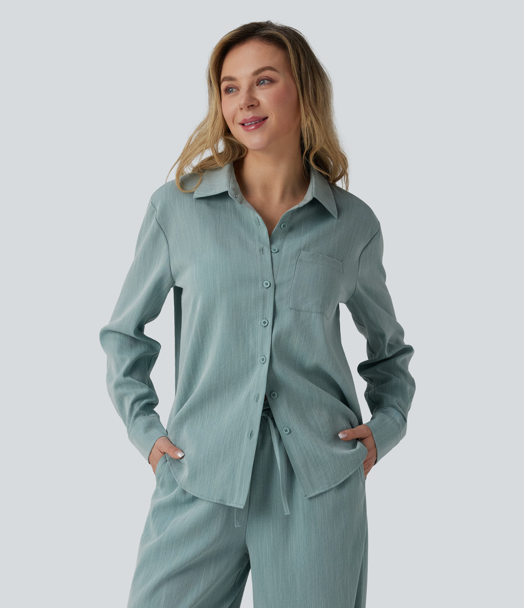 Long Sleeve Linen-Feel Shirt with Pocket — Silverwood Sage — view 1