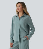 Long Sleeve Linen-Feel Shirt with Pocket — Silverwood Sage — view 3