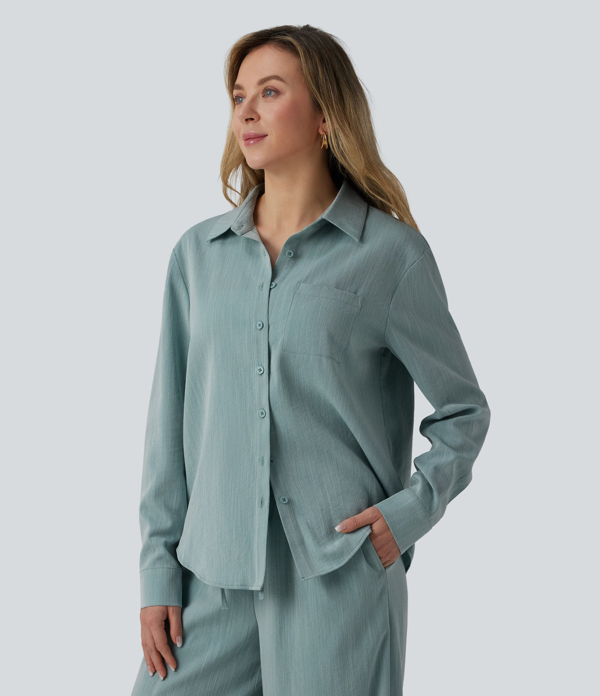 Long Sleeve Linen-Feel Shirt with Pocket — Silverwood Sage — view 3