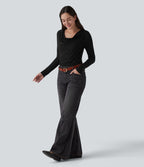 Ribbed Knit Cowl Neck Long Sleeve Contrast Lace Casual Top — Black — view 6