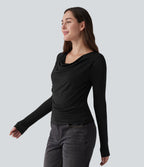 Ribbed Knit Cowl Neck Long Sleeve Contrast Lace Casual Top — Black — view 3