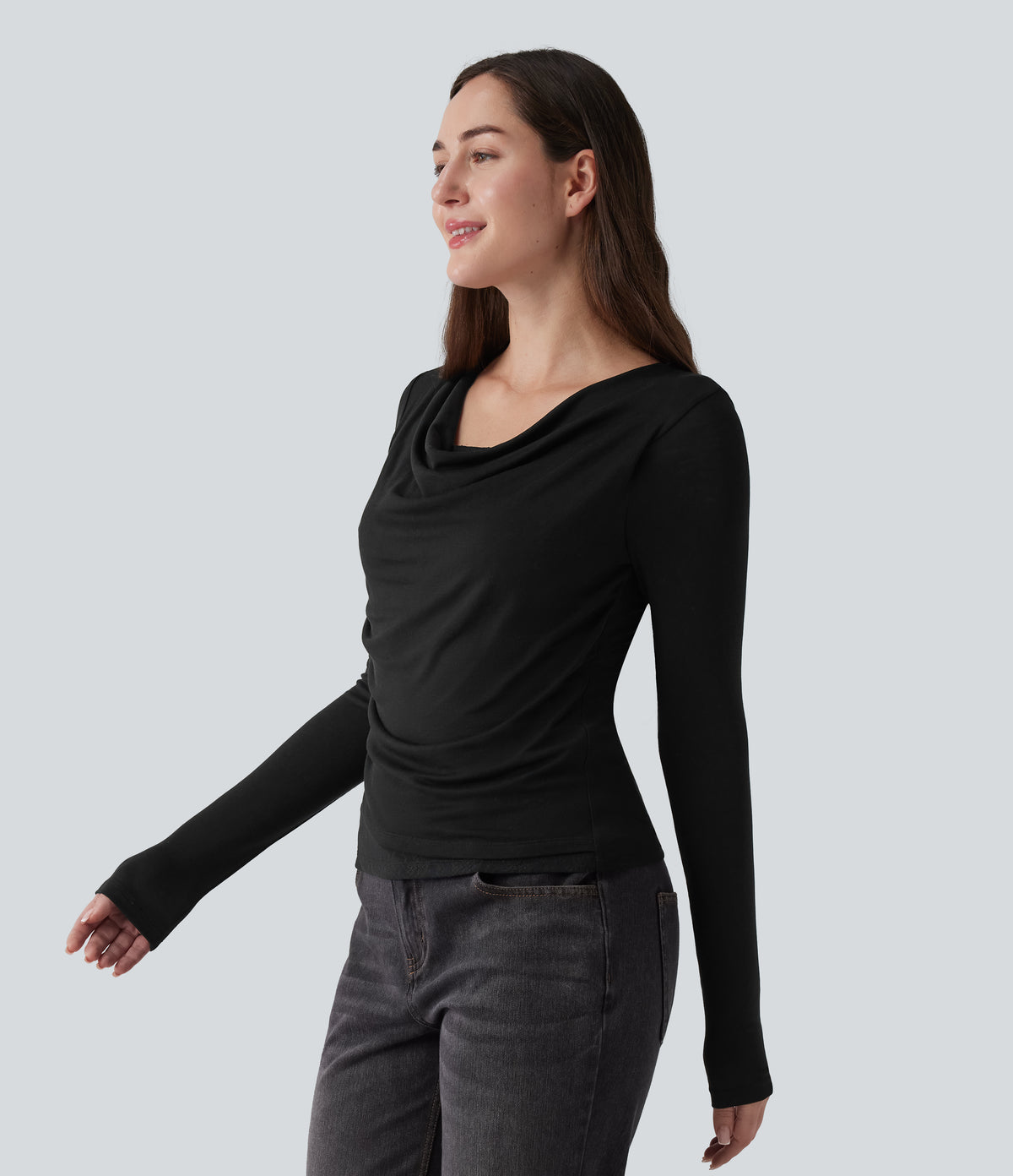 Ribbed Knit Cowl Neck Long Sleeve Contrast Lace Casual Top — Black — view 3