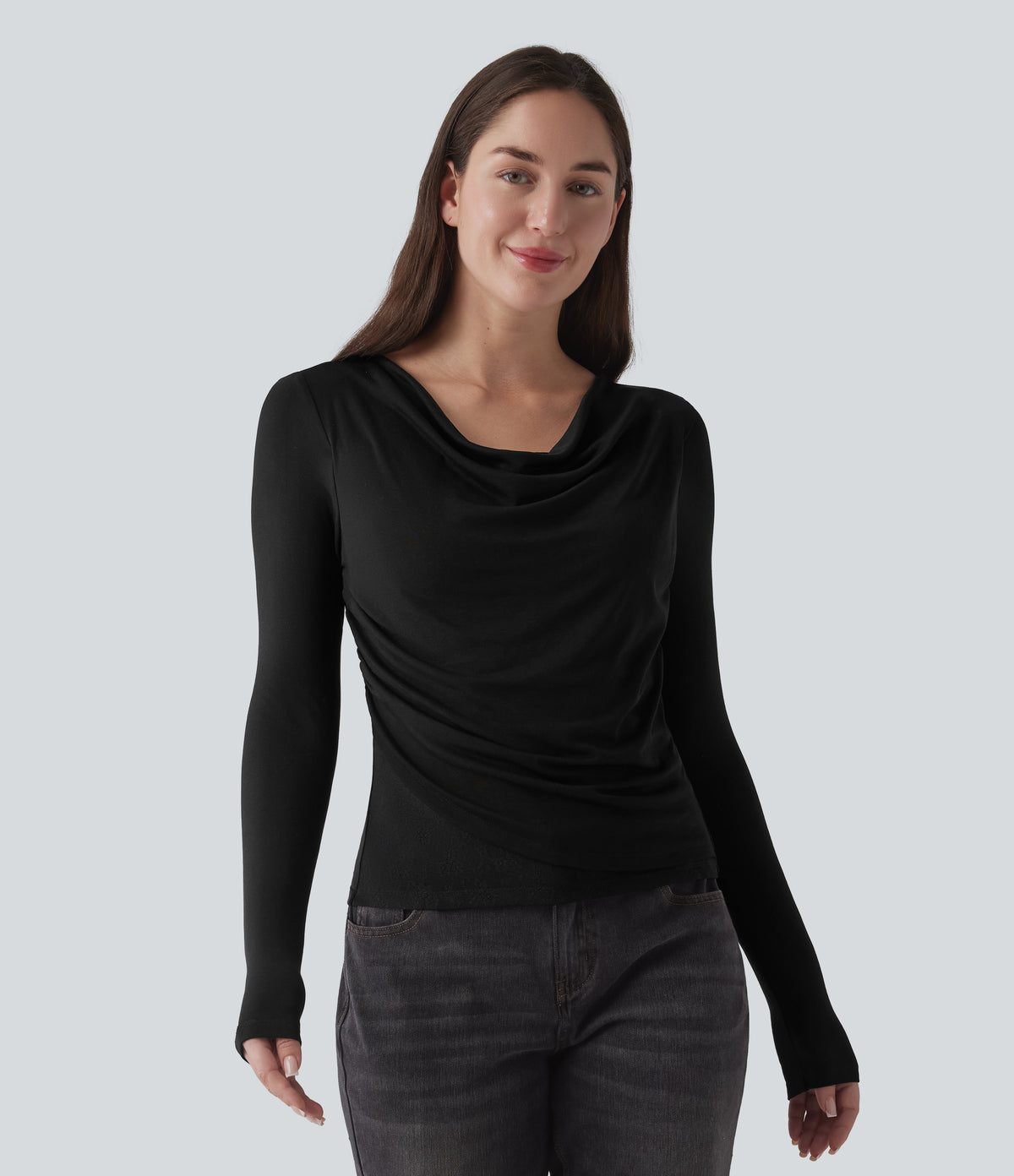 Ribbed Knit Cowl Neck Long Sleeve Contrast Lace Casual Top — Black — view 1