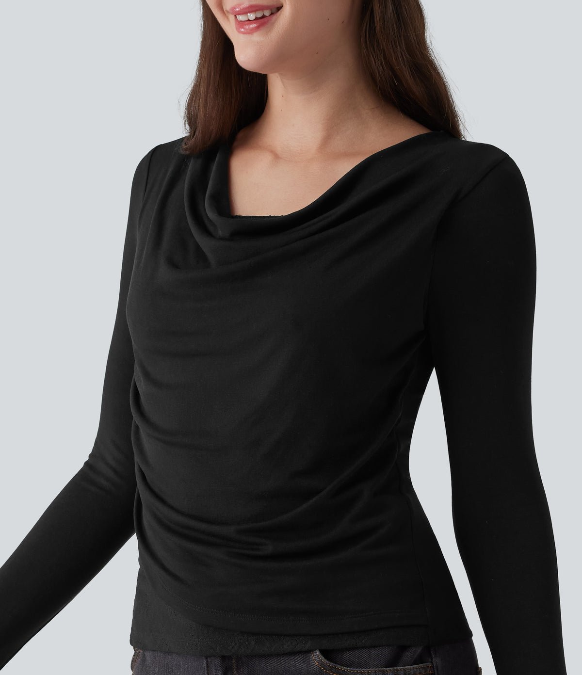 Ribbed Knit Cowl Neck Long Sleeve Contrast Lace Casual Top — Black — view 5
