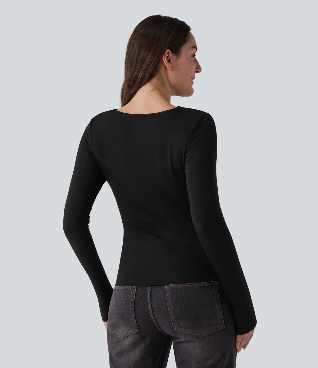 Ribbed Knit Cowl Neck Long Sleeve Contrast Lace Casual Top — Black — view 2