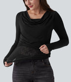 Ribbed Knit Cowl Neck Long Sleeve Contrast Lace Casual Top — Black — view 4