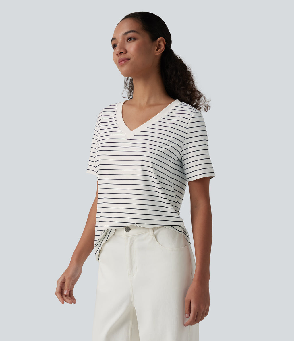 V Neck Short Sleeve Stripe Casual T-Shirt — Inkline Drift — view 3