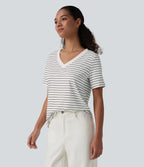 V Neck Short Sleeve Stripe Casual T-Shirt — Inkline Drift — view 3