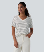V Neck Short Sleeve Stripe Casual T-Shirt — Inkline Drift — view 1
