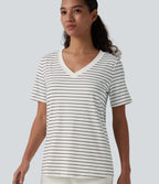V Neck Short Sleeve Stripe Casual T-Shirt — Inkline Drift — view 5