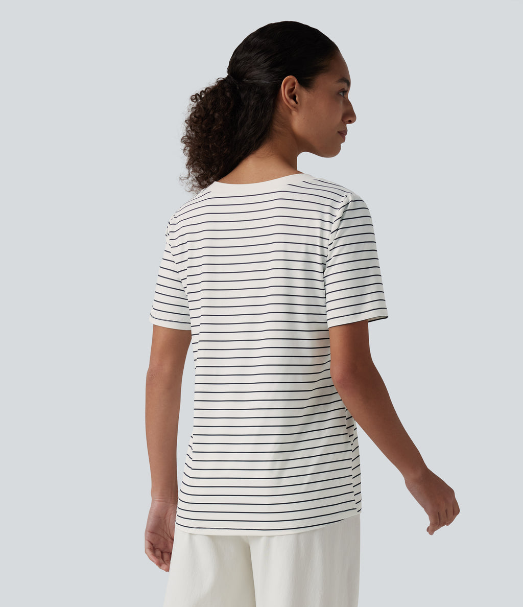 V Neck Short Sleeve Stripe Casual T-Shirt — Inkline Drift — view 2
