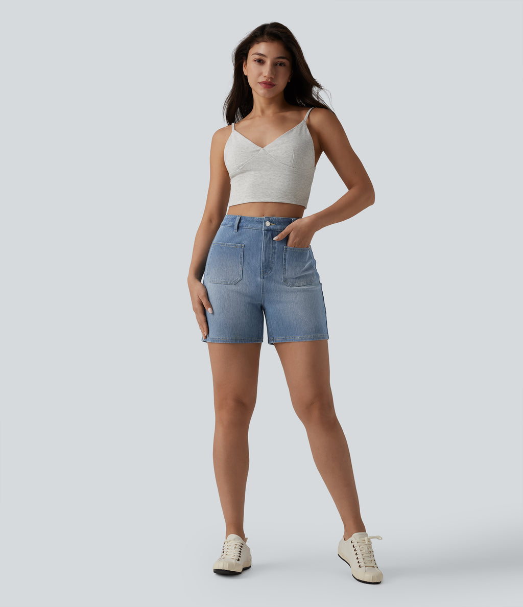 High Waisted Washed Denim Casual Shorts 4'' with Pockets — Blue Jasper Denim — view 6