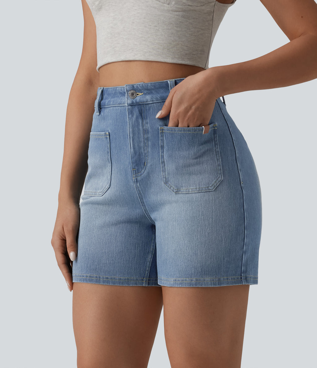 High Waisted Washed Denim Casual Shorts 4'' with Pockets — Blue Jasper Denim — view 1