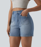 High Waisted Washed Denim Casual Shorts 4'' with Pockets — Blue Jasper Denim — view 1