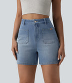 High Waisted Washed Denim Casual Shorts 4'' with Pockets — Blue Jasper Denim — view 3