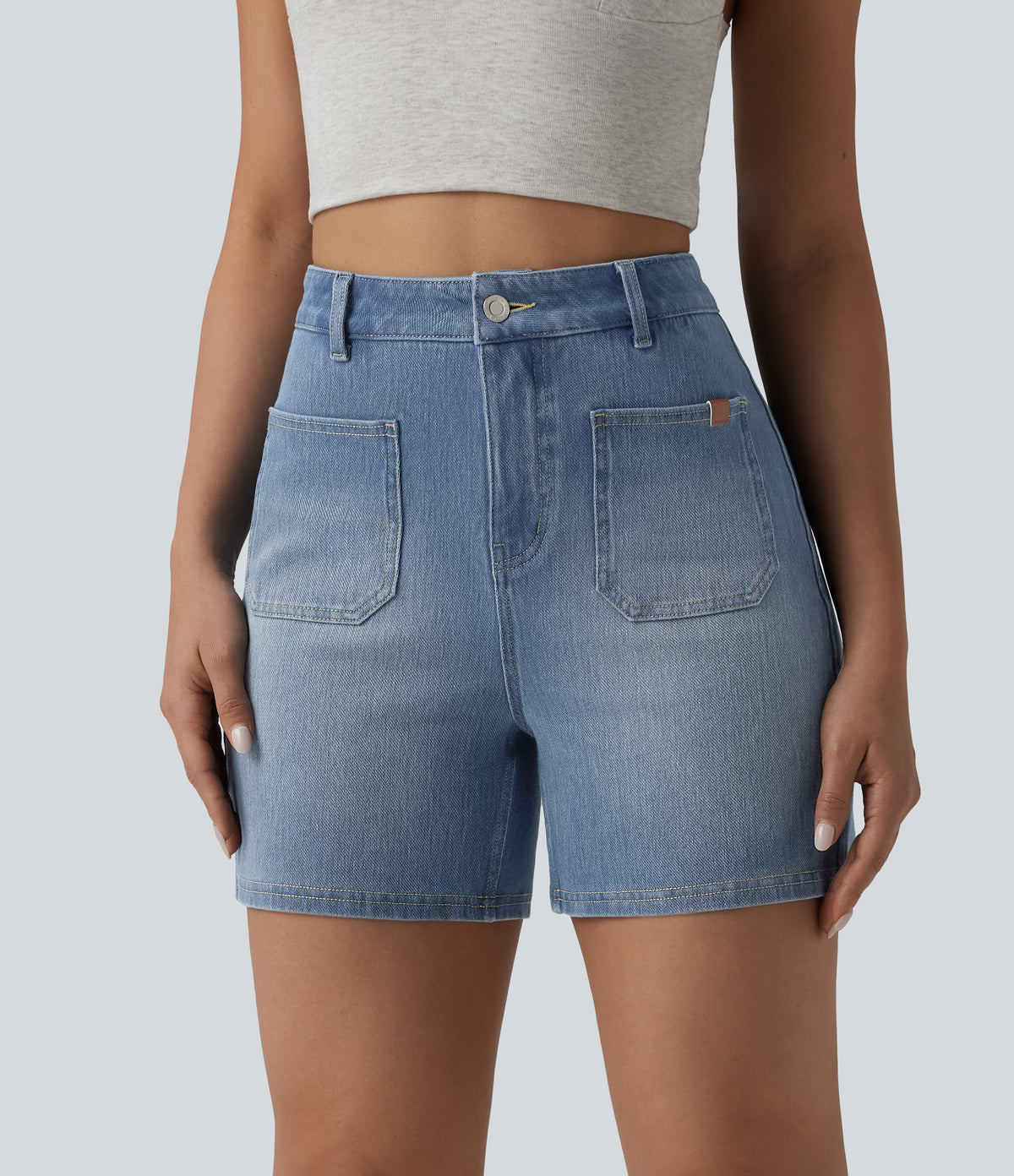 High Waisted Washed Denim Casual Shorts 4'' with Pockets — Blue Jasper Denim — view 3