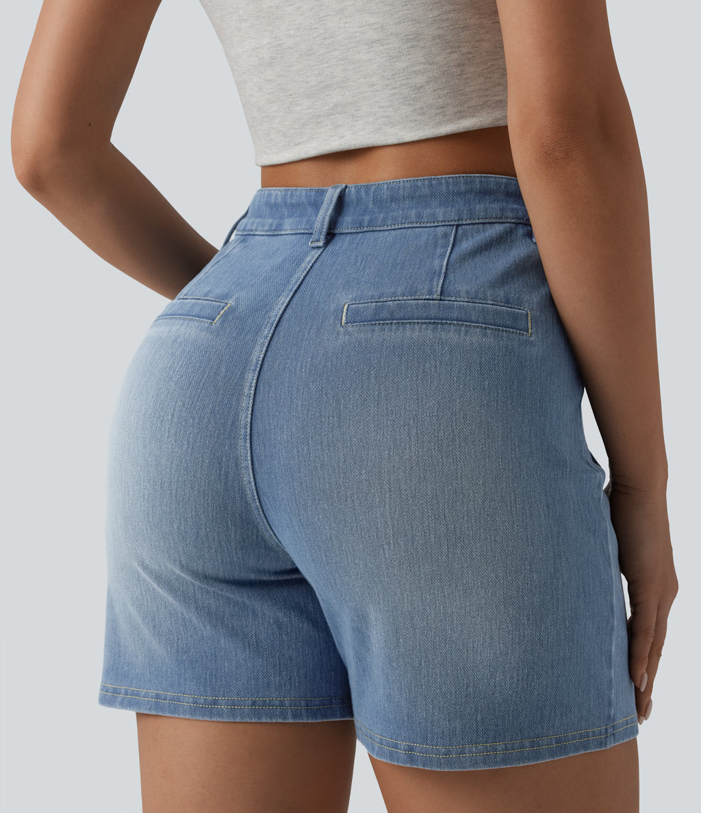 High Waisted Washed Denim Casual Shorts 4'' with Pockets — Blue Jasper Denim — view 4