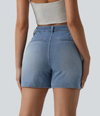 High Waisted Washed Denim Casual Shorts 4'' with Pockets — Blue Jasper Denim — view 2