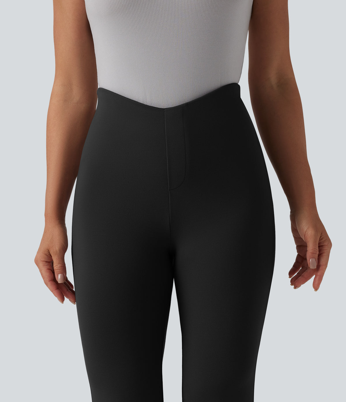 V Shaped High Waisted Tummy Control Flare Casual Trousers with Pockets — Black — view 5
