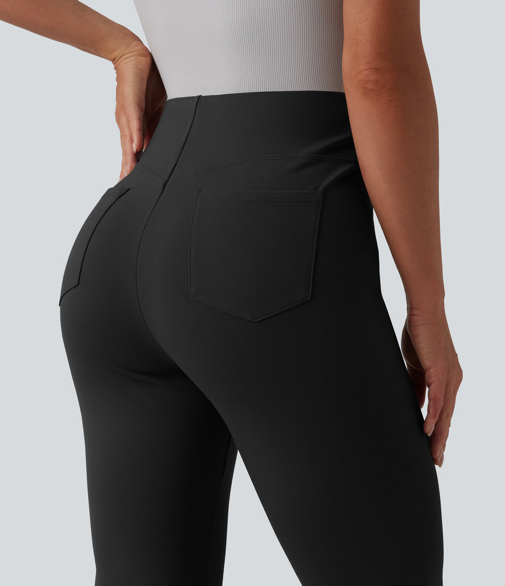 V Shaped High Waisted Tummy Control Flare Casual Trousers with Pockets — Black — view 4