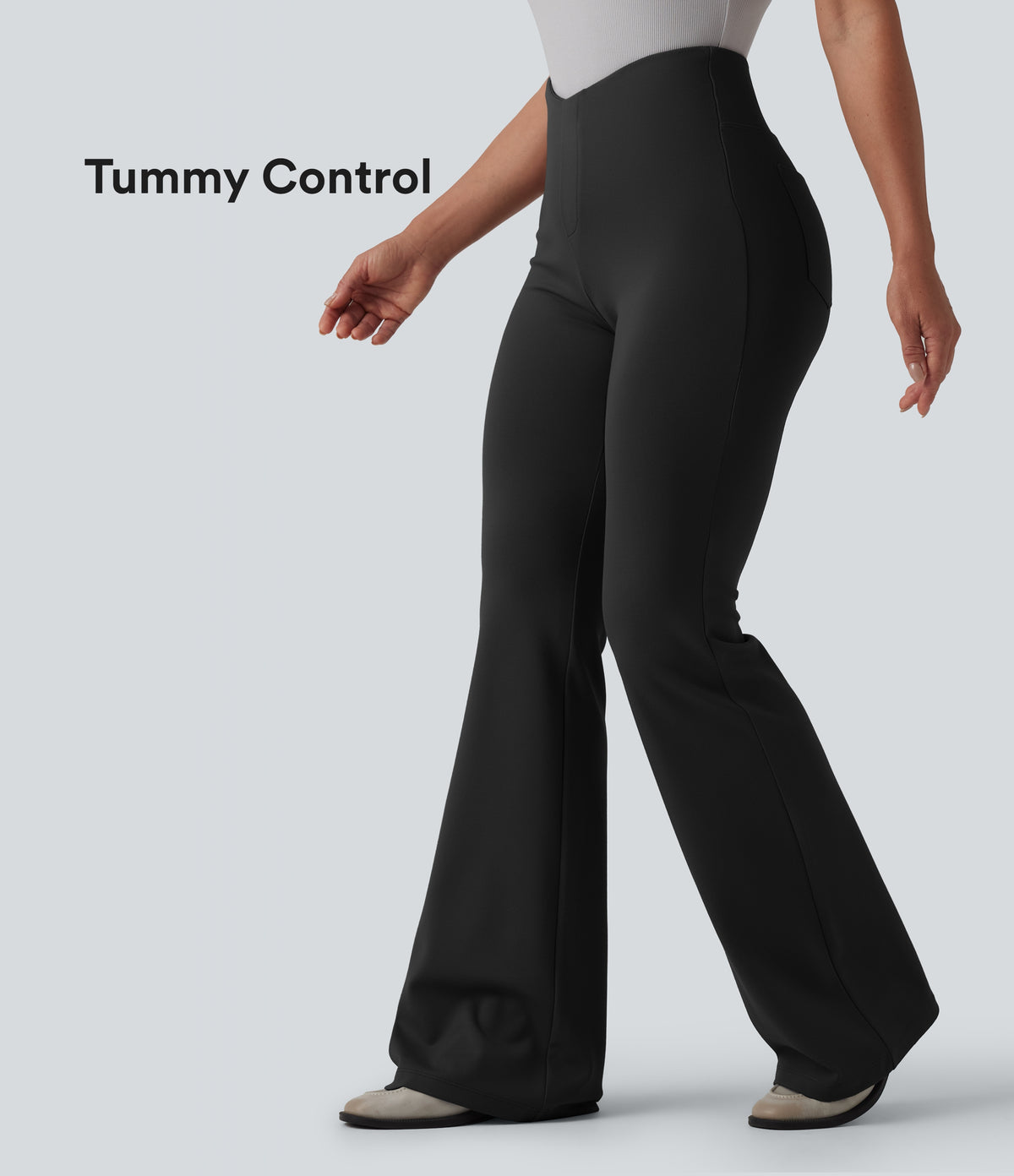 V Shaped High Waisted Tummy Control Flare Casual Trousers with Pockets — Black — view 1