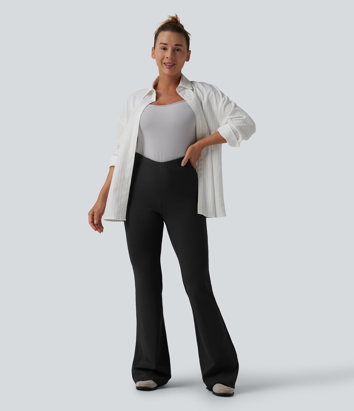 V Shaped High Waisted Tummy Control Flare Casual Trousers with Pockets — Black — view 6