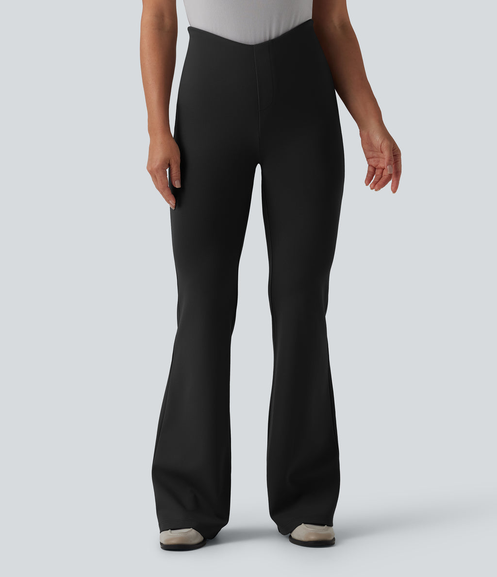 V Shaped High Waisted Tummy Control Flare Casual Trousers with Pockets — Black — view 3