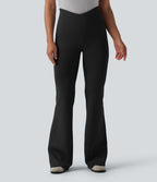 V Shaped High Waisted Tummy Control Flare Casual Trousers with Pockets — Black — view 3