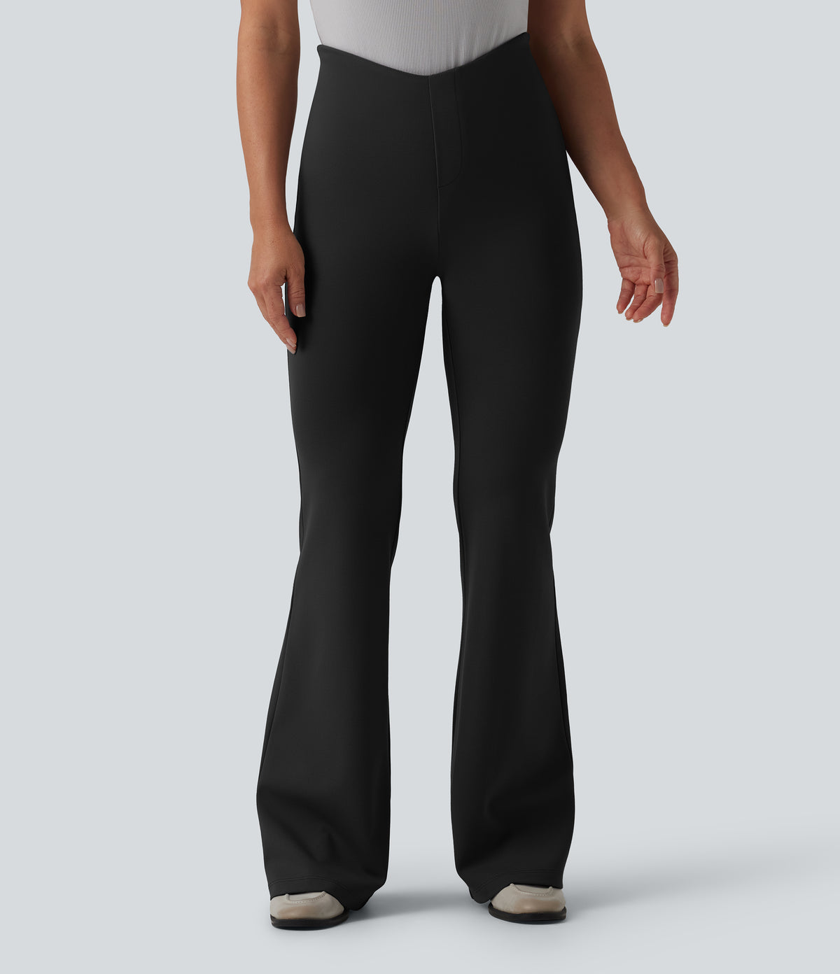 V Shaped High Waisted Tummy Control Flare Casual Trousers with Pockets — Black — view 3