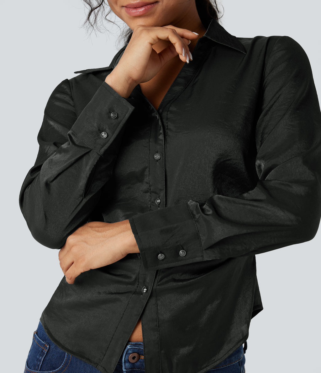 V-neck Long Sleeve Curved Hem Slim Casual Shirt — Dark Grey — view 6
