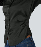 V-neck Long Sleeve Curved Hem Slim Casual Shirt — Dark Grey — view 5