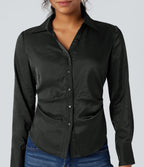 V-neck Long Sleeve Curved Hem Slim Casual Shirt — Dark Grey — view 4