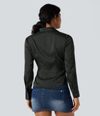 V-neck Long Sleeve Curved Hem Slim Casual Shirt — Dark Grey — view 2