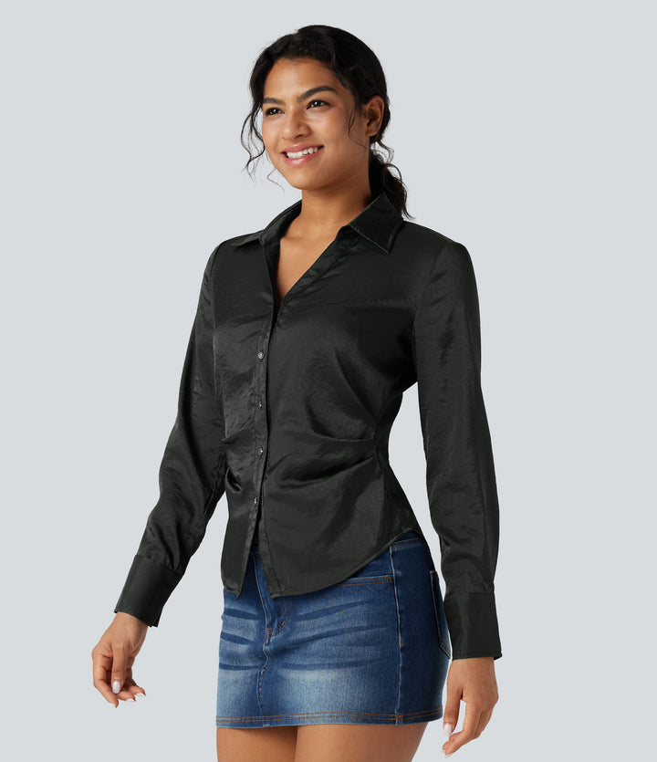 V-neck Long Sleeve Curved Hem Slim Casual Shirt — Dark Grey — view 1