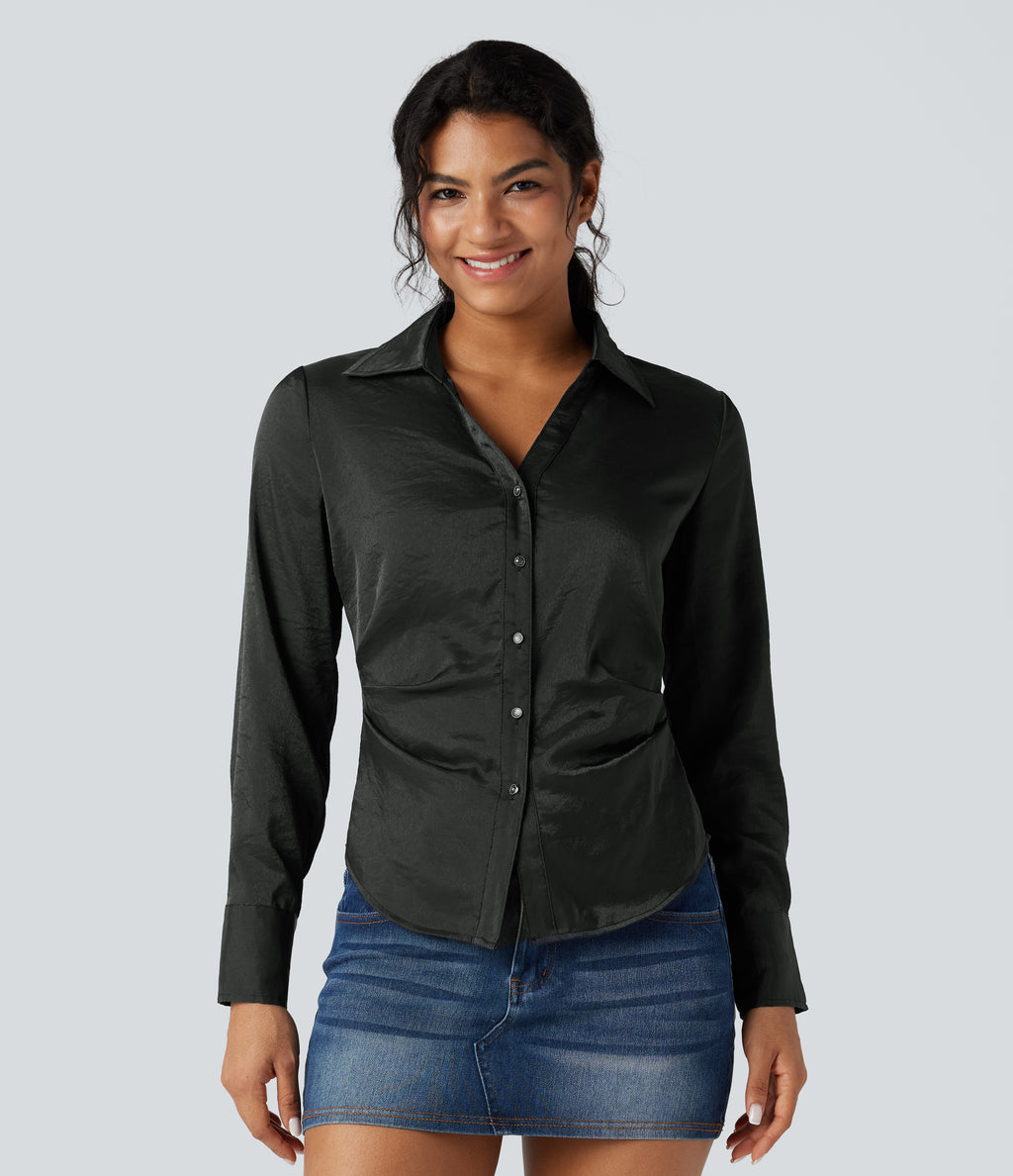 V-neck Long Sleeve Curved Hem Slim Casual Shirt — Dark Grey — view 3
