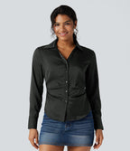 V-neck Long Sleeve Curved Hem Slim Casual Shirt — Dark Grey — view 3
